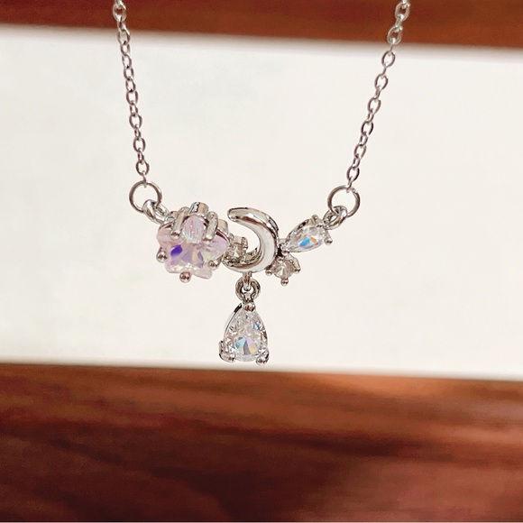 ✨ moon & pink star with dangle stone necklace - Picture 3 of 13